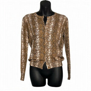 Ava Paige Tan Snakeskin Animal Print Knit Cardigan Sweater Size Small